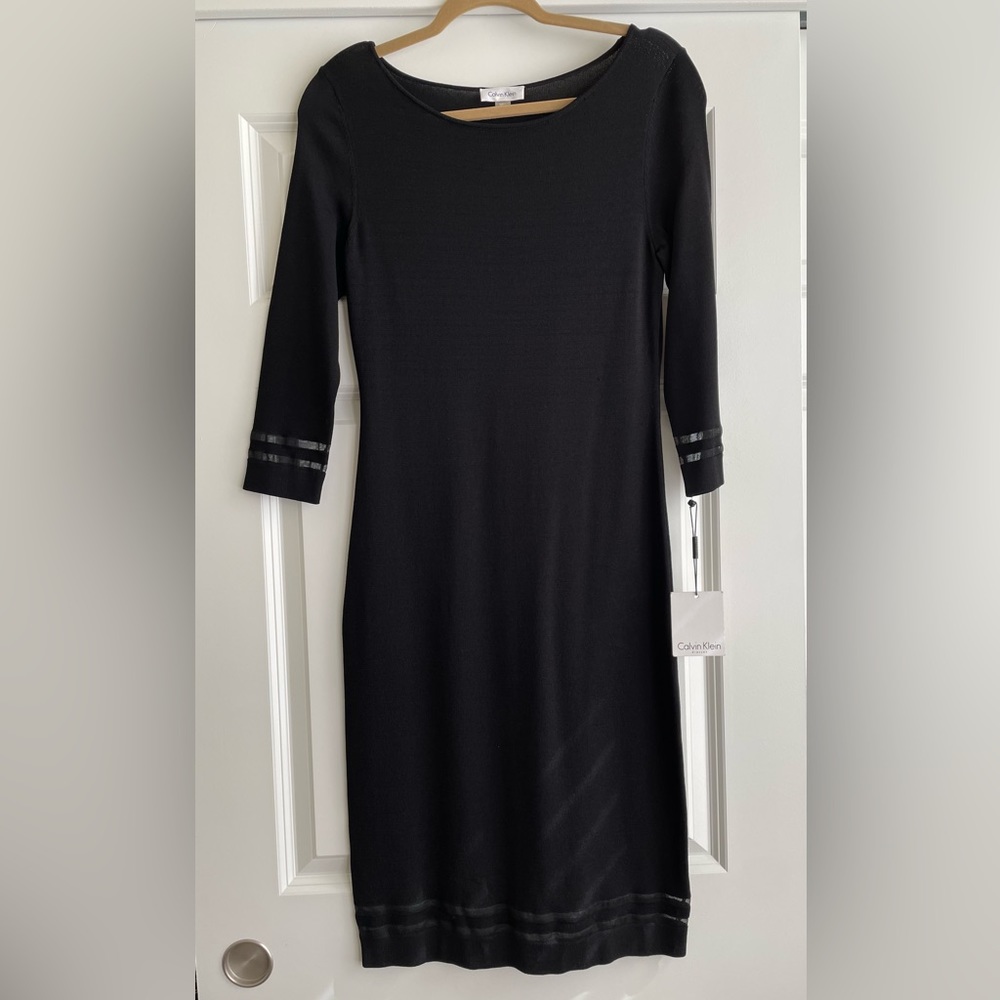 NWT Calvin Klein LBD!! Sheer knit with very sheer insets at wrist and hem. Small